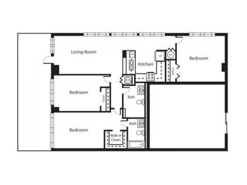 Floor plan for 3 beds, 2 baths, 1103 sqft