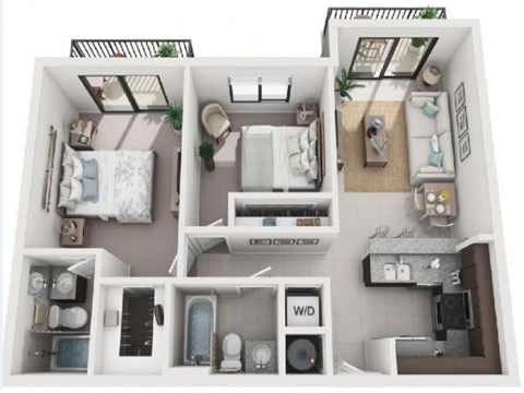 Floor plan for 2 beds, 2 baths, 1070 sqft