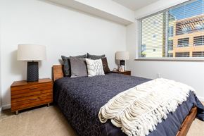 San Jose apartment for rent - A bedroom with a bed, two lamps, and a window with blinds.