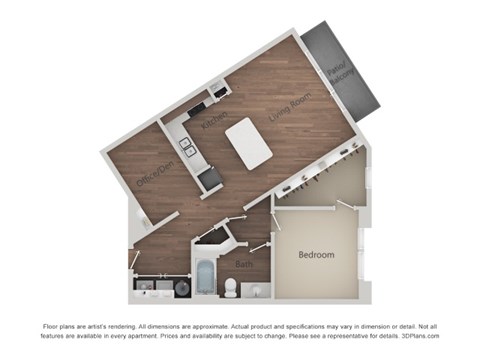 Floor plan for 1 bed, 1 bath, 881 sqft