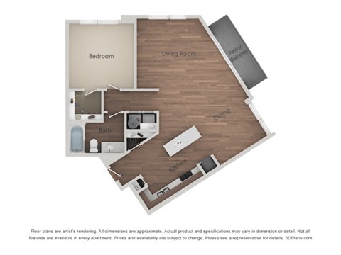 Floor plan for 1 bed, 1 bath, 887 sqft