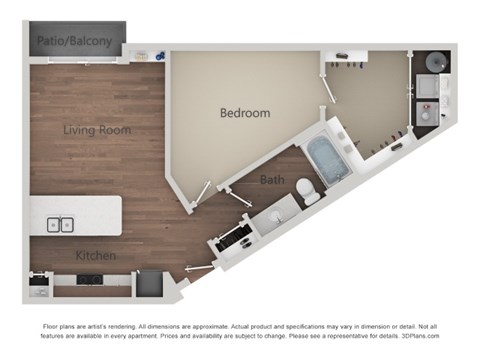 Floor plan for 1 bed, 1 bath, 709 sqft