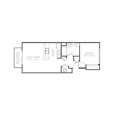 Floor plan for 1 bed, 1 bath, 610 sqft