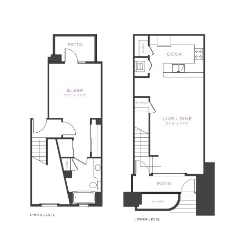 Floor plan for 1 bed, 1 bath, 842 sqft