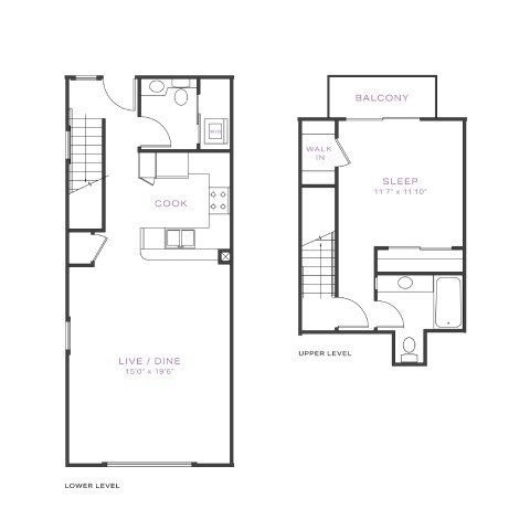 Floor plan for 1 bed, 1.5 baths, 865 sqft