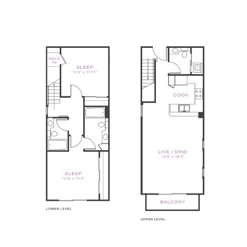 Floor plan for 2 beds, 2.5 baths, 1160 sqft