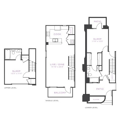 Floor plan for 2 beds, 2 baths, 1160 sqft