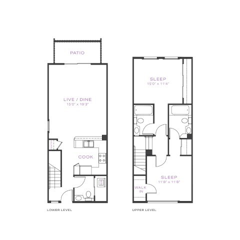 Floor plan for 2 beds, 2.5 baths, 1160 sqft