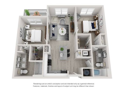 Floor plan for 2 beds, 2 baths, 1025 sqft