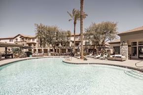 Peoria apartment for rent - A pool surrounded by palm trees and lounge chairs.