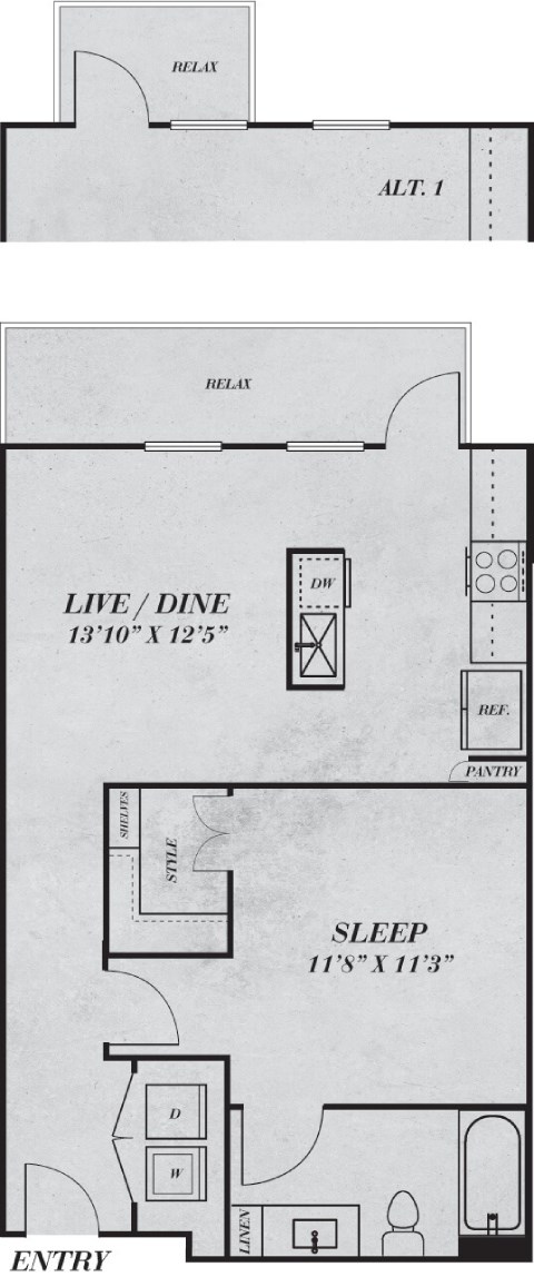 Floor plan for 1 bed, 1 bath, 636 sqft