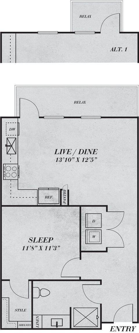 Floor plan for 1 bed, 1 bath, 638 sqft
