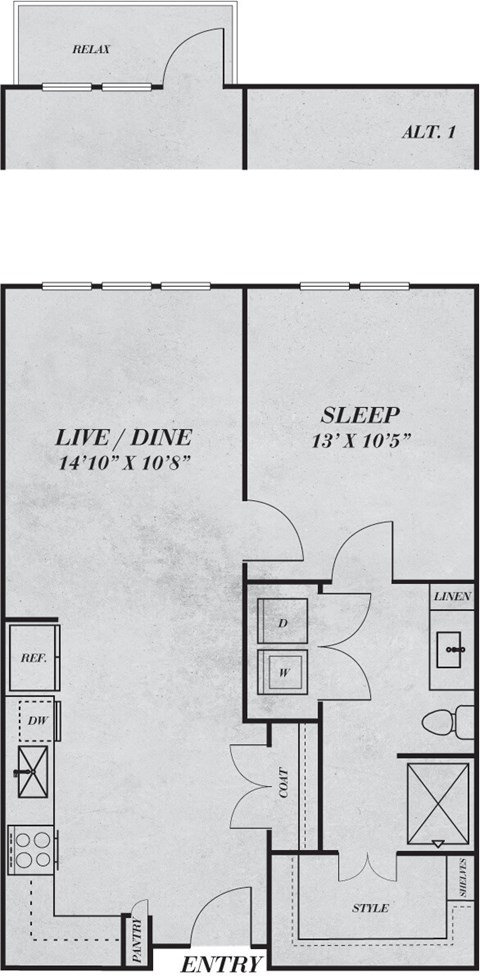 Floor plan for 1 bed, 1 bath, 688 sqft