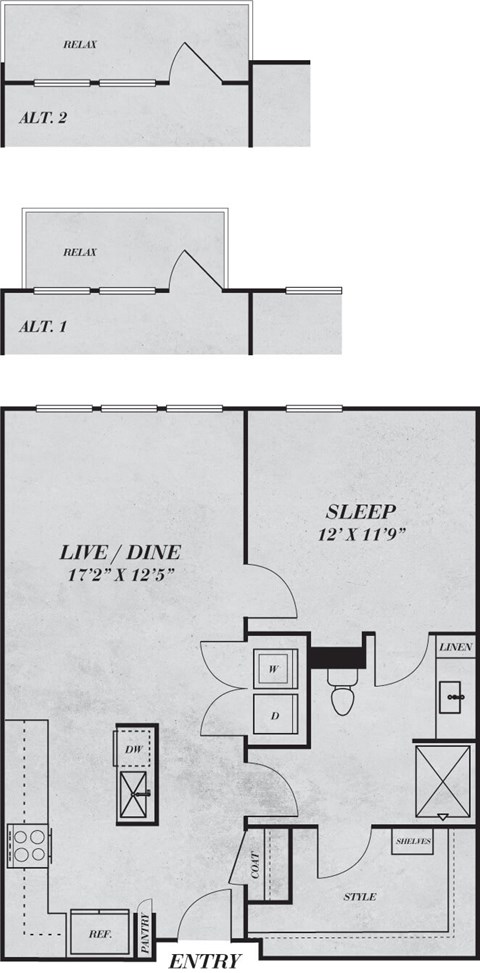 Floor plan for 1 bed, 1 bath, 738 sqft
