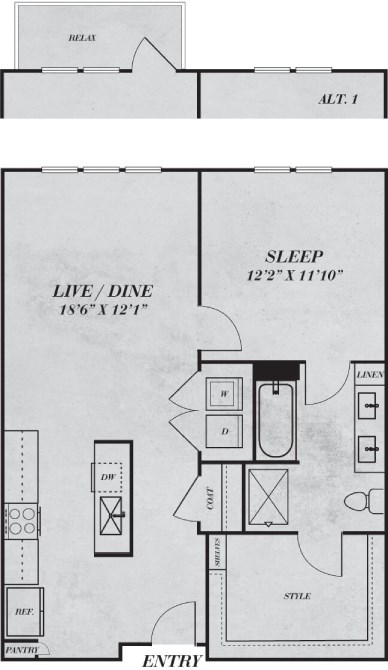 Floor plan for 1 bed, 1 bath, 778 sqft