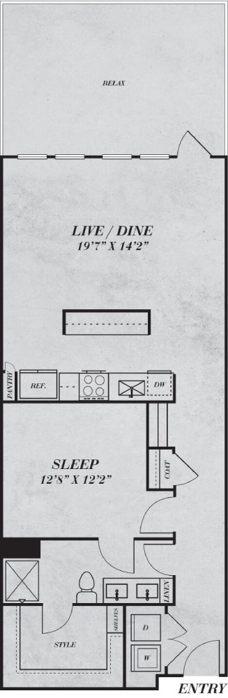 Floor plan for 1 bed, 1 bath, 973 sqft