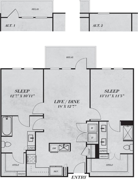 Floor plan for 2 beds, 2 baths, 1044 sqft
