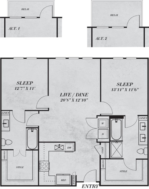 Floor plan for 2 beds, 2 baths, 1139 sqft