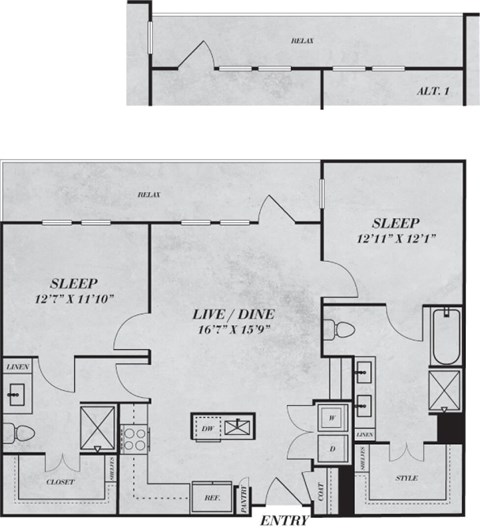 Floor plan for 2 beds, 2 baths, 1173 sqft