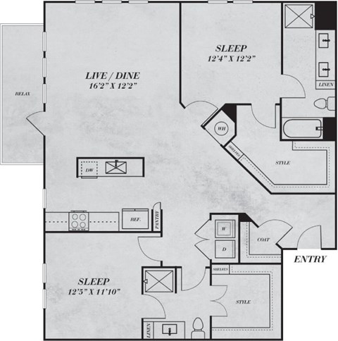 Floor plan for 2 beds, 2 baths, 1415 sqft