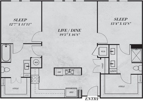 Floor plan for 2 beds, 2 baths, 1253 sqft