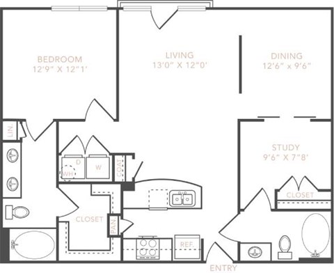 Floor plan for 1 bed, 1 bath, 1053 sqft
