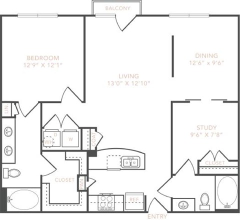 Floor plan for 1 bed, 2 baths, 1067 sqft