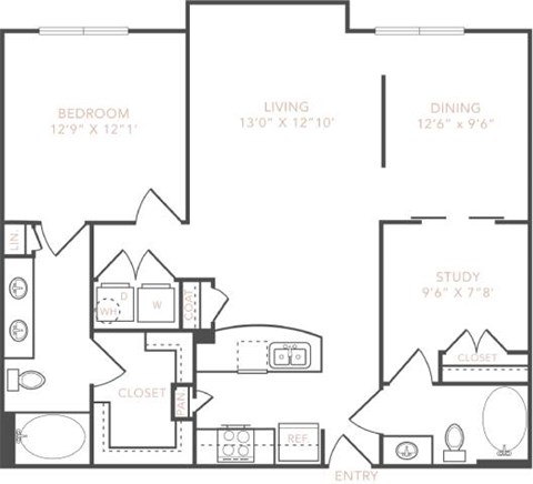 Floor plan for 1 bed, 2 baths, 1076 sqft