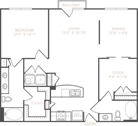 Floor plan for 1 bed, 2 baths, 1115 sqft