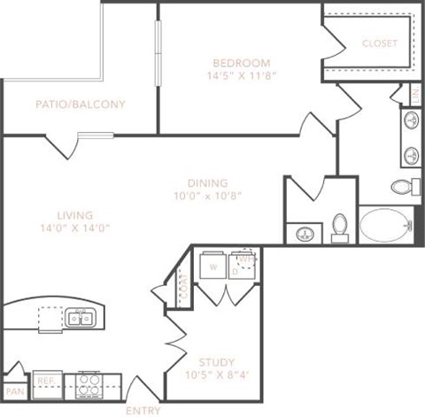 Floor plan for 1 bed, 1.5 baths, 1116 sqft
