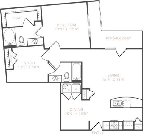 Floor plan for 1 bed, 2 baths, 1172 sqft