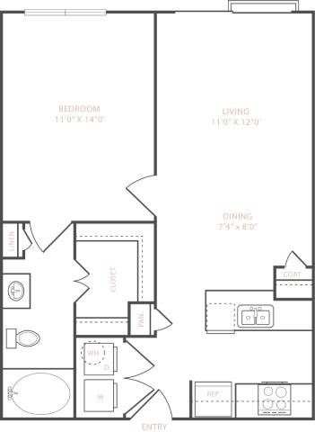Floor plan for 1 bed, 1 bath, 669 sqft