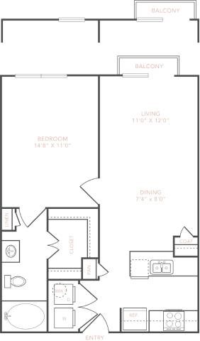Floor plan for 1 bed, 1 bath, 683 sqft