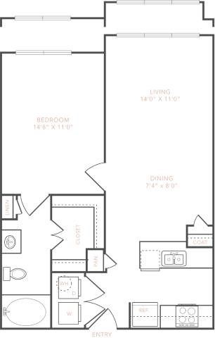 Floor plan for 1 bed, 1 bath, 692 sqft