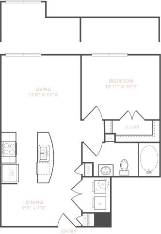 Floor plan for 1 bed, 1 bath, 745 sqft