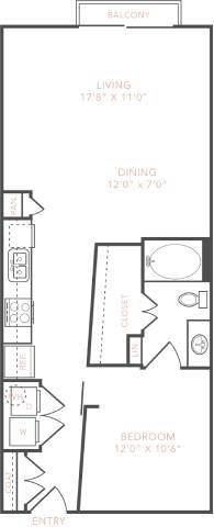 Floor plan for 1 bed, 1 bath, 788 sqft
