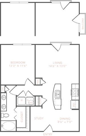 Floor plan for 1 bed, 1 bath, 790 sqft