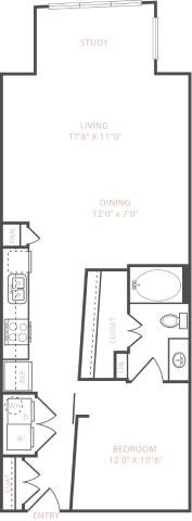 Floor plan for 1 bed, 1 bath, 846 sqft