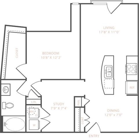 Floor plan for 1 bed, 1 bath, 861 sqft