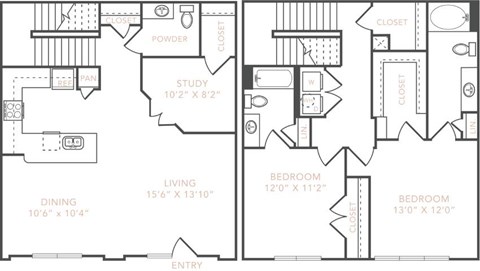 Floor plan for 2 beds, 2.5 baths, 1531 sqft