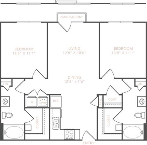 Floor plan for 2 beds, 2 baths, 1053 sqft