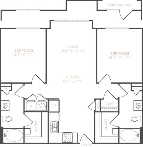 Floor plan for 2 beds, 2 baths, 1076 sqft