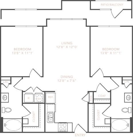 Floor plan for 2 beds, 2 baths, 1102 sqft