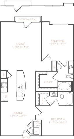 Floor plan for 2 beds, 2 baths, 1159 sqft