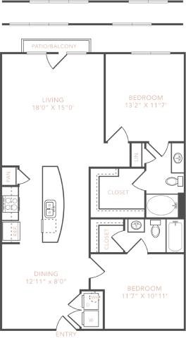 Floor plan for 2 beds, 2 baths, 1155 sqft