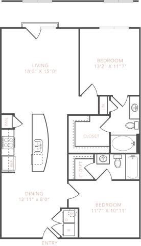 Floor plan for 2 beds, 2 baths, 1173 sqft