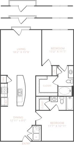 Floor plan for 2 beds, 2 baths, 1193 sqft