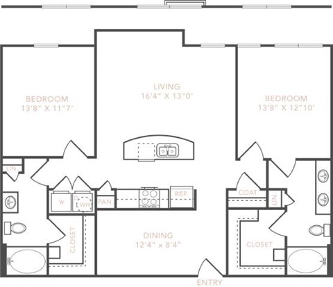 Floor plan for 2 beds, 2 baths, 1252 sqft