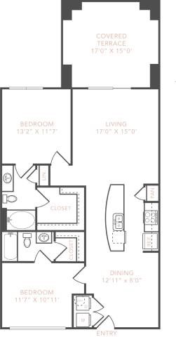 Floor plan for 2 beds, 2 baths, 1406 sqft