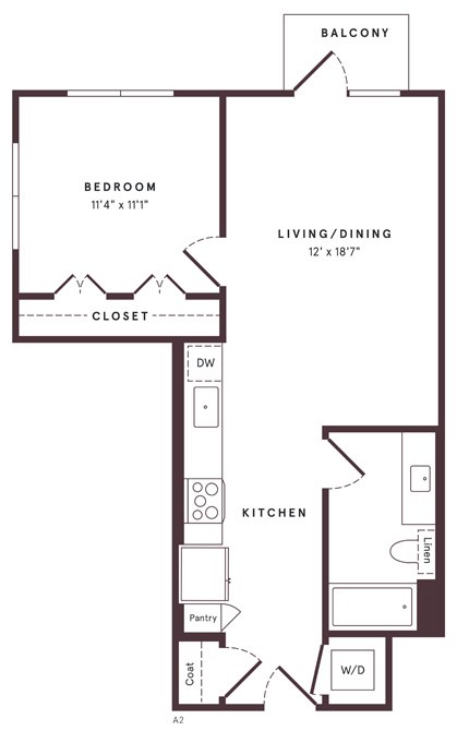Floor plan for 1 bed, 1 bath, 660 sqft